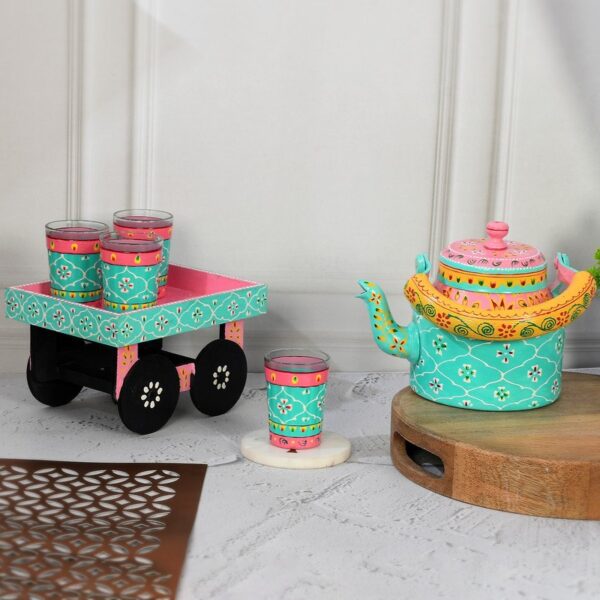 HandPainted Alluminium Tea Kettle with Four Glasses and Wooden Tray For Home Décor , Tea Party , Serving