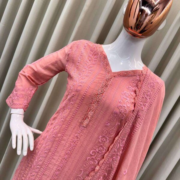 Women's Chinon Silk with Cotton Thread Embroidery Straight Kurti With Pant and Dupatta set