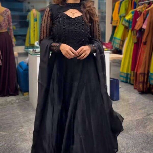 Women's Silk Heavy Embroidery Sequence Work Long Anarkali Kurti With Pant and Dupatta Set