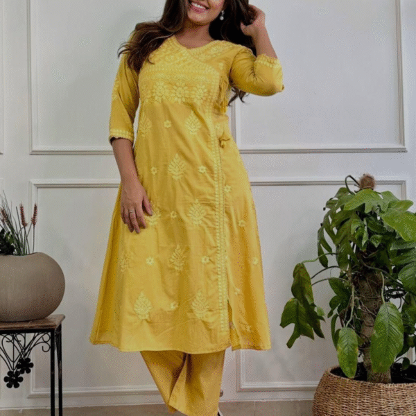 Cotton Chikankari Angrakha Kurta Pant Set for Women Summer Festive Wear