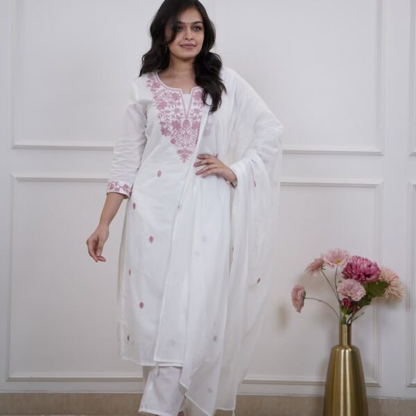 White Flex Cotton Khadi Embroidered Suit Set with Mulmul Dupatta
