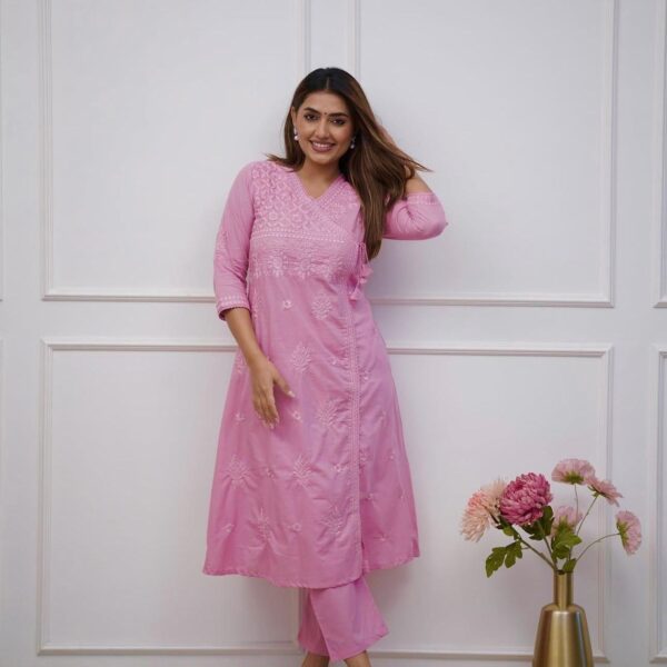 Cotton Chikankari Angrakha Kurta Pant Set for Women Summer Festive Wear